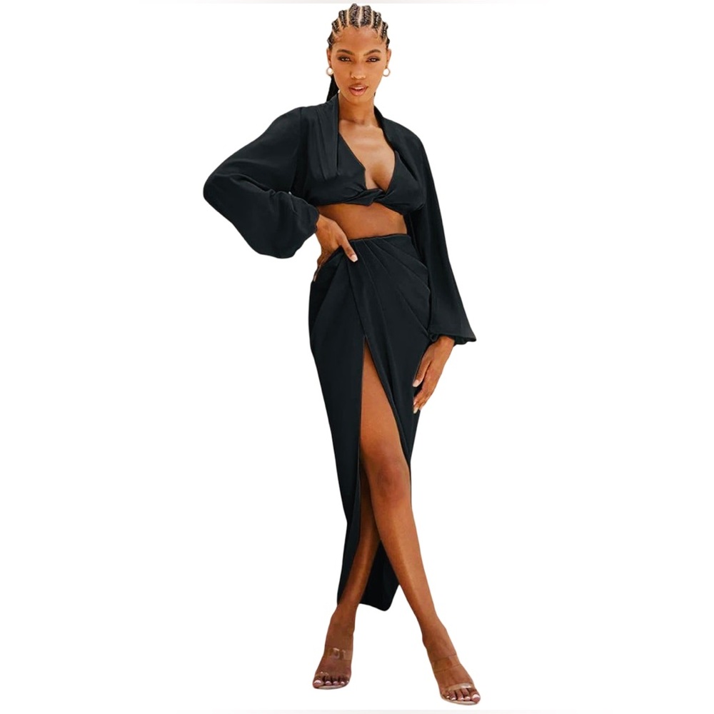 NWT.  Draped High Low Slit Skirt Set In Black.
